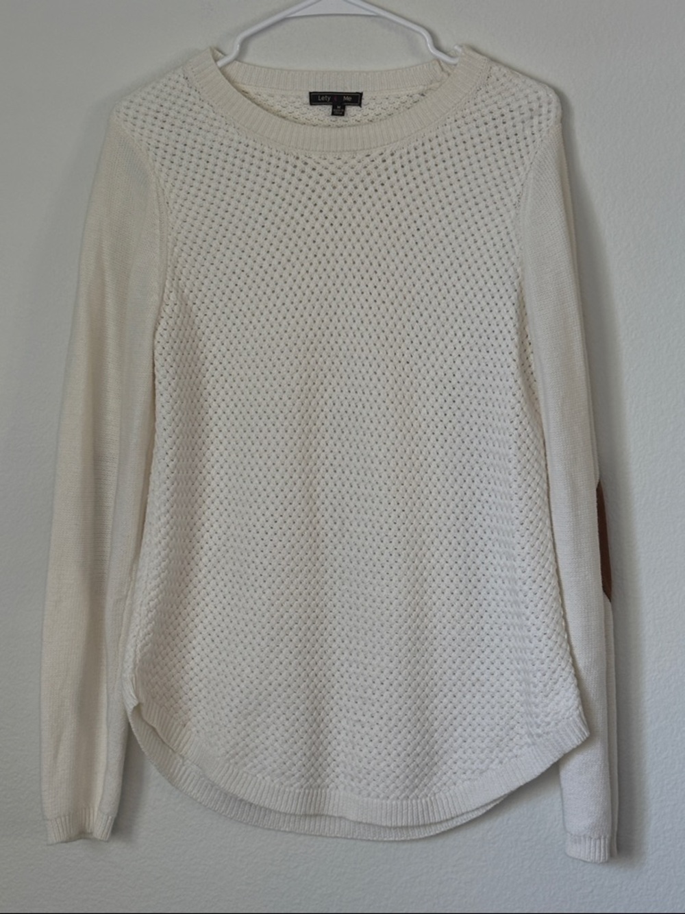 Lety & Me Women's Creamy White Crew Neck loose knit Sweater with elbow patches